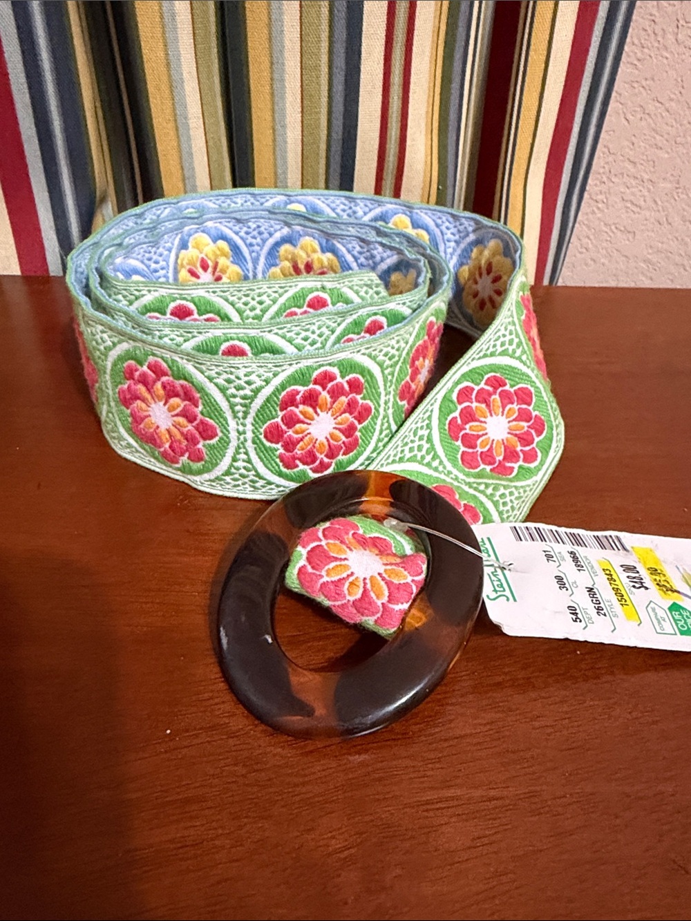 Woven Floral Obi Belt with Tortoiseshell Buckle - Green Pink size XL